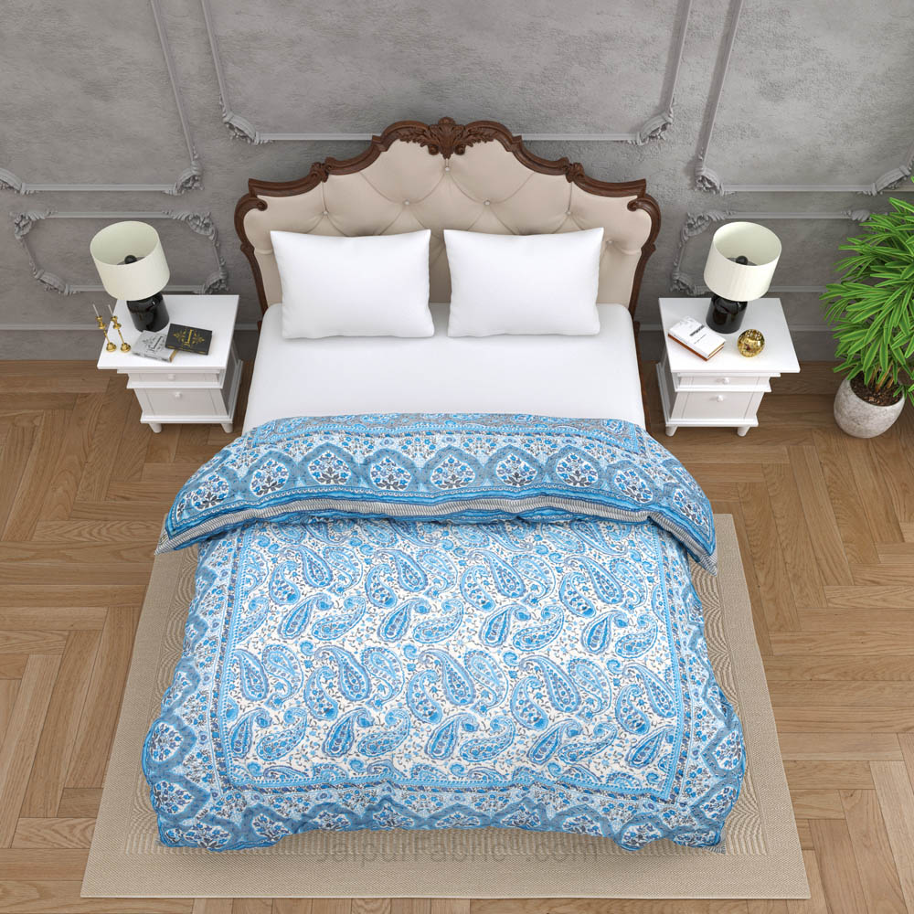 JaipurFabric® Paisley Blue Premium Cotton Double Bed Quilt