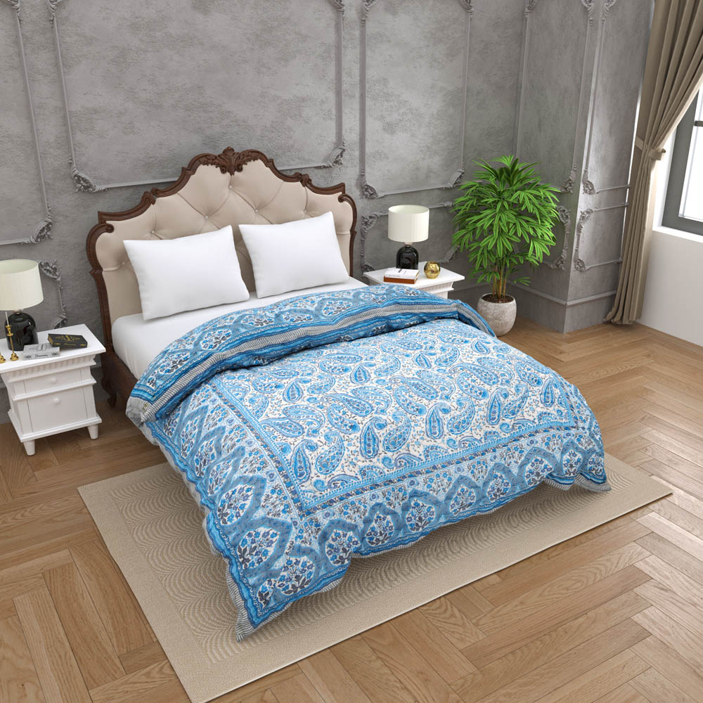 JaipurFabric® Paisley Blue Premium Cotton Double Bed Quilt