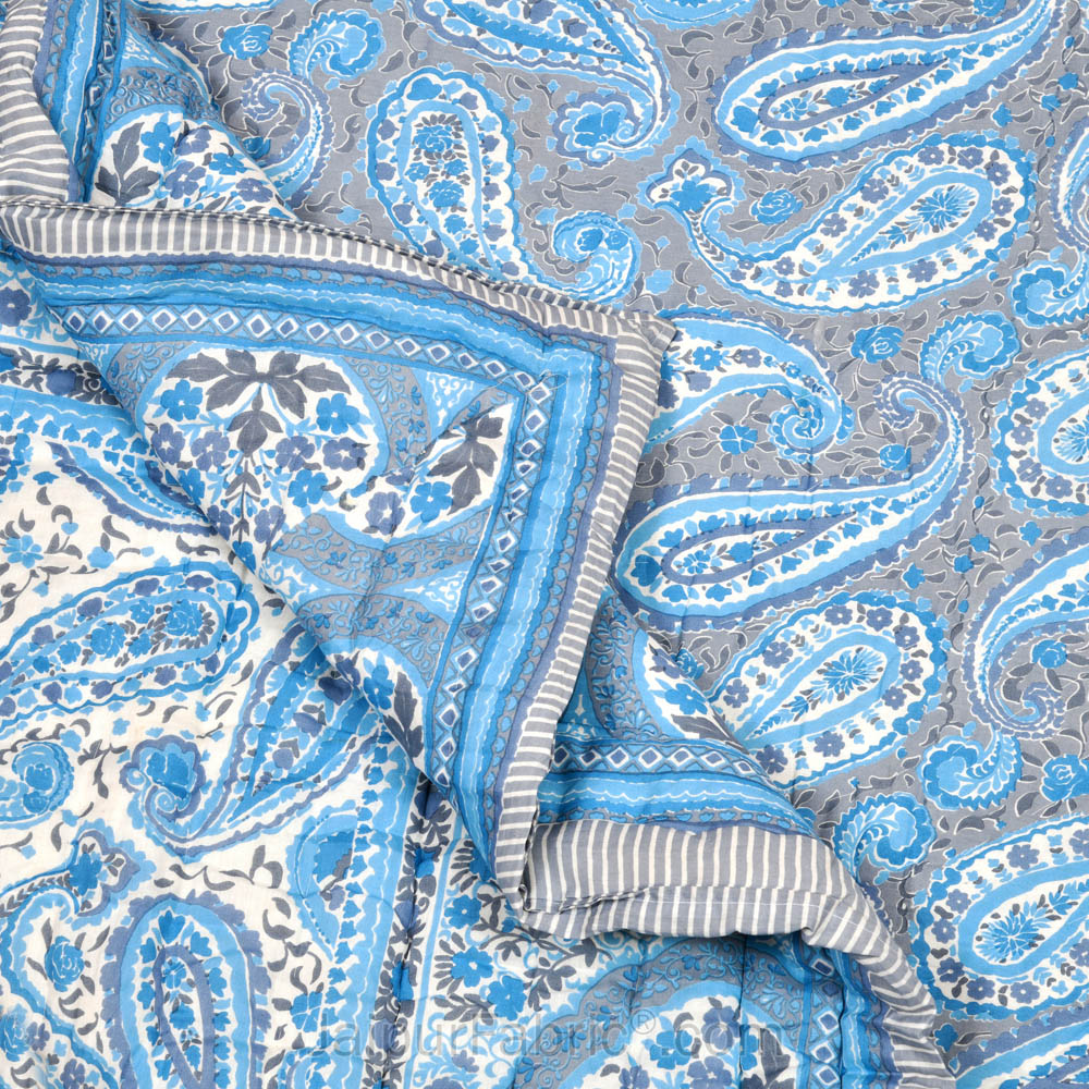 JaipurFabric® Paisley Blue Premium Cotton Double Bed Quilt