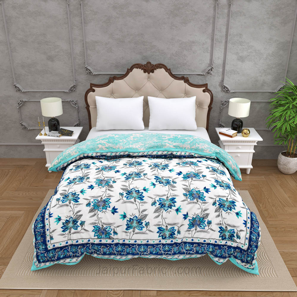 JaipurFabric® Blooming Dale Blue Premium Cotton Double Bed Quilt