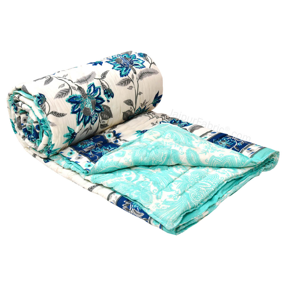 JaipurFabric® Blooming Dale Blue Premium Cotton Double Bed Quilt