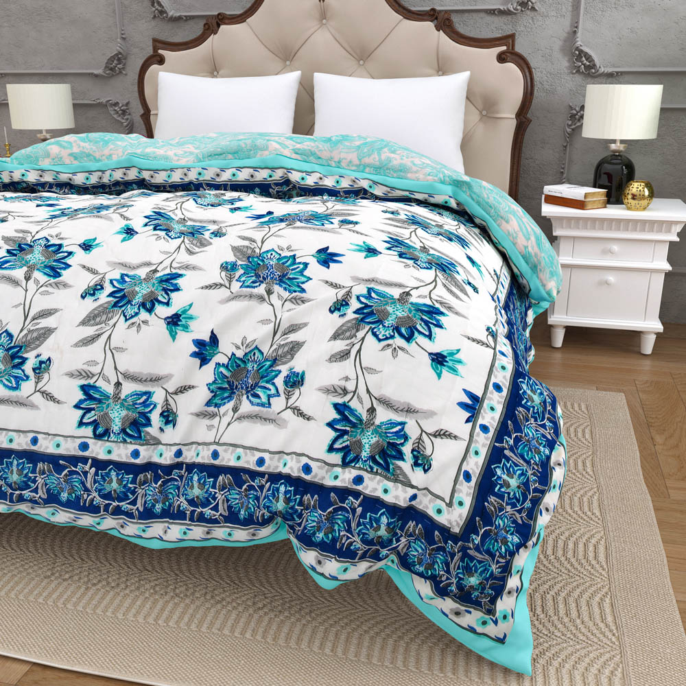 JaipurFabric® Blooming Dale Blue Premium Cotton Double Bed Quilt