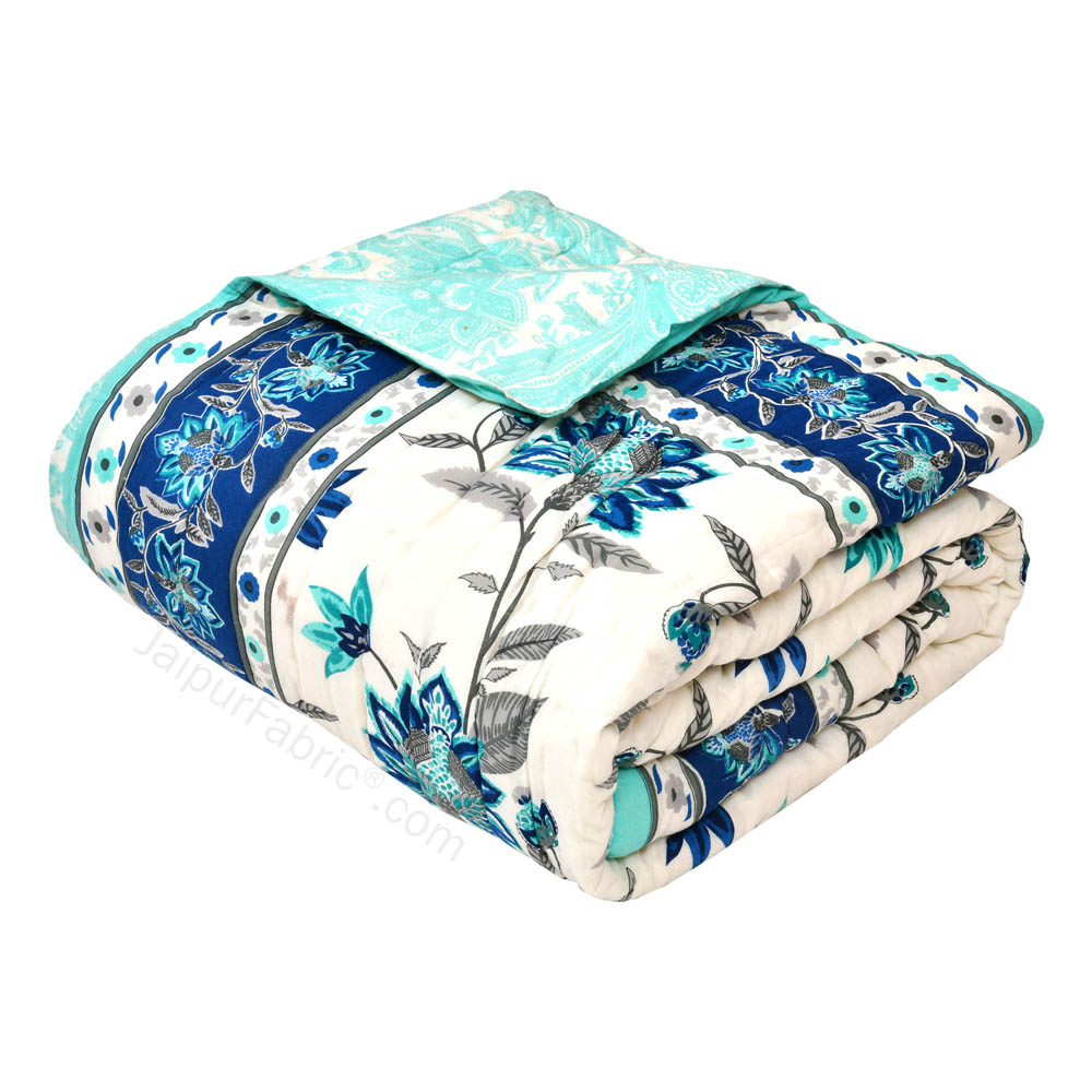 JaipurFabric® Blooming Dale Blue Premium Cotton Double Bed Quilt