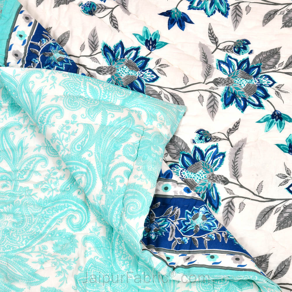 JaipurFabric® Blooming Dale Blue Premium Cotton Double Bed Quilt