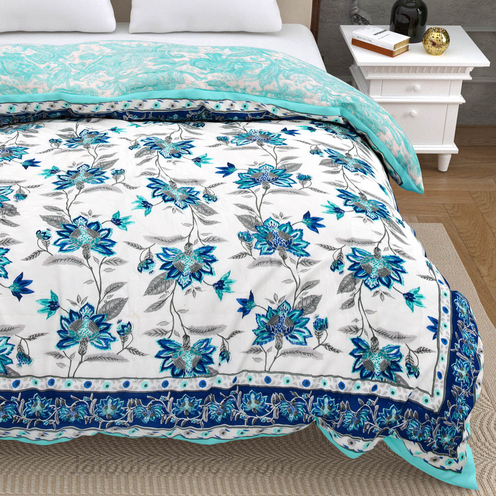 JaipurFabric® Blooming Dale Blue Premium Cotton Double Bed Quilt