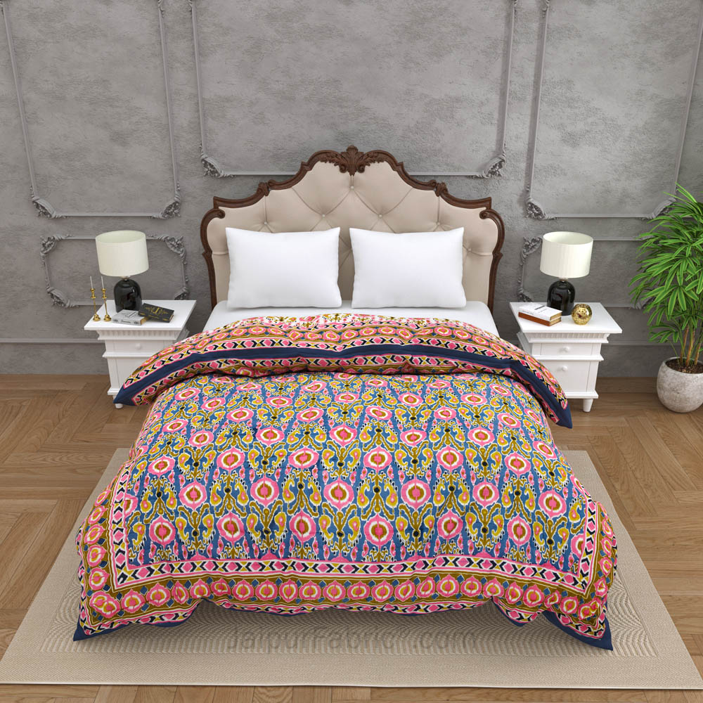 JaipurFabric® Lush Pink Blue Ikat Premium Cotton Double Bed Quilt