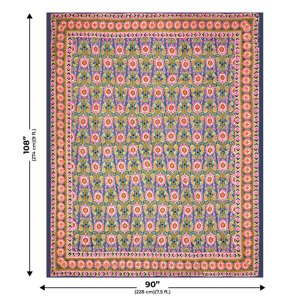 JaipurFabric® Lush Pink Blue Ikat Premium Cotton Double Bed Quilt