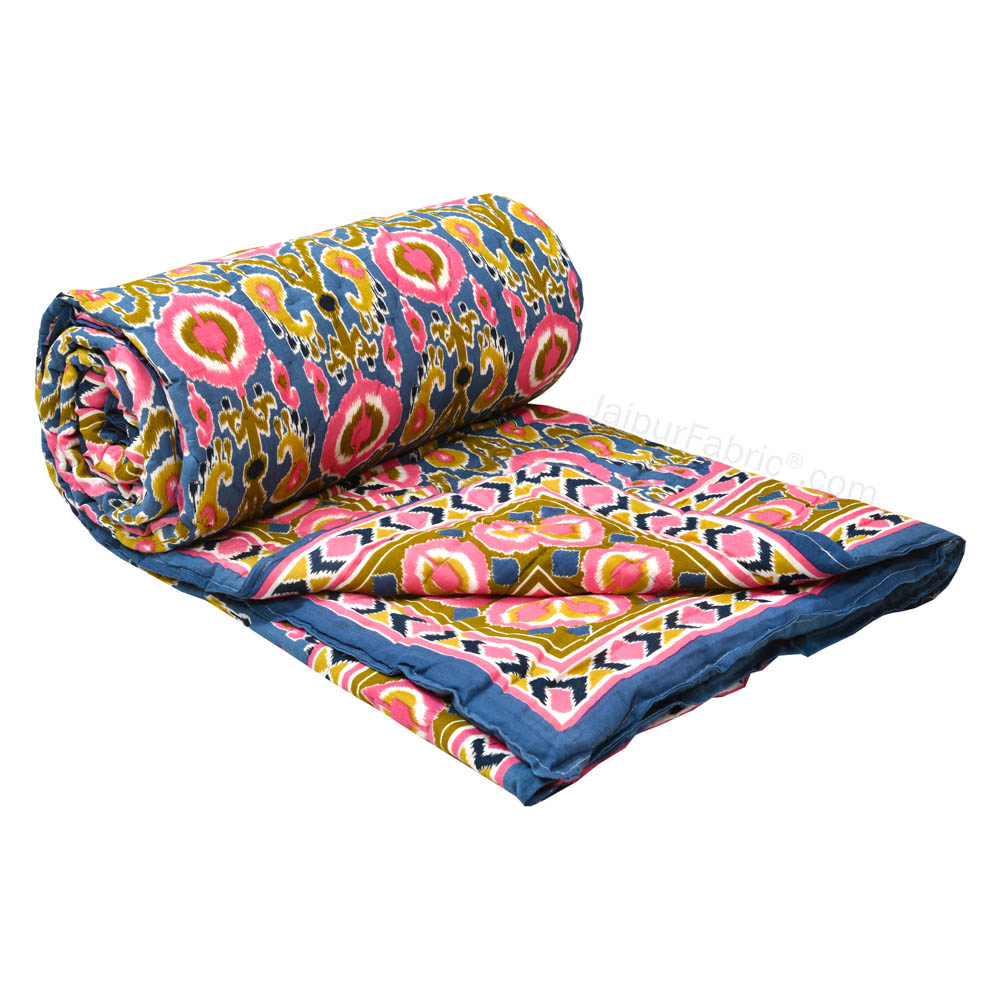 JaipurFabric® Lush Pink Blue Ikat Premium Cotton Double Bed Quilt