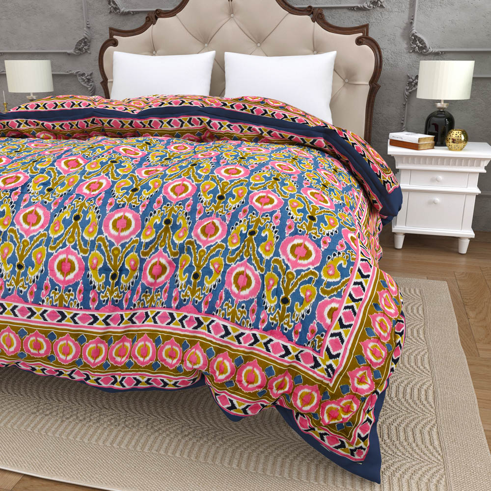 JaipurFabric® Lush Pink Blue Ikat Premium Cotton Double Bed Quilt