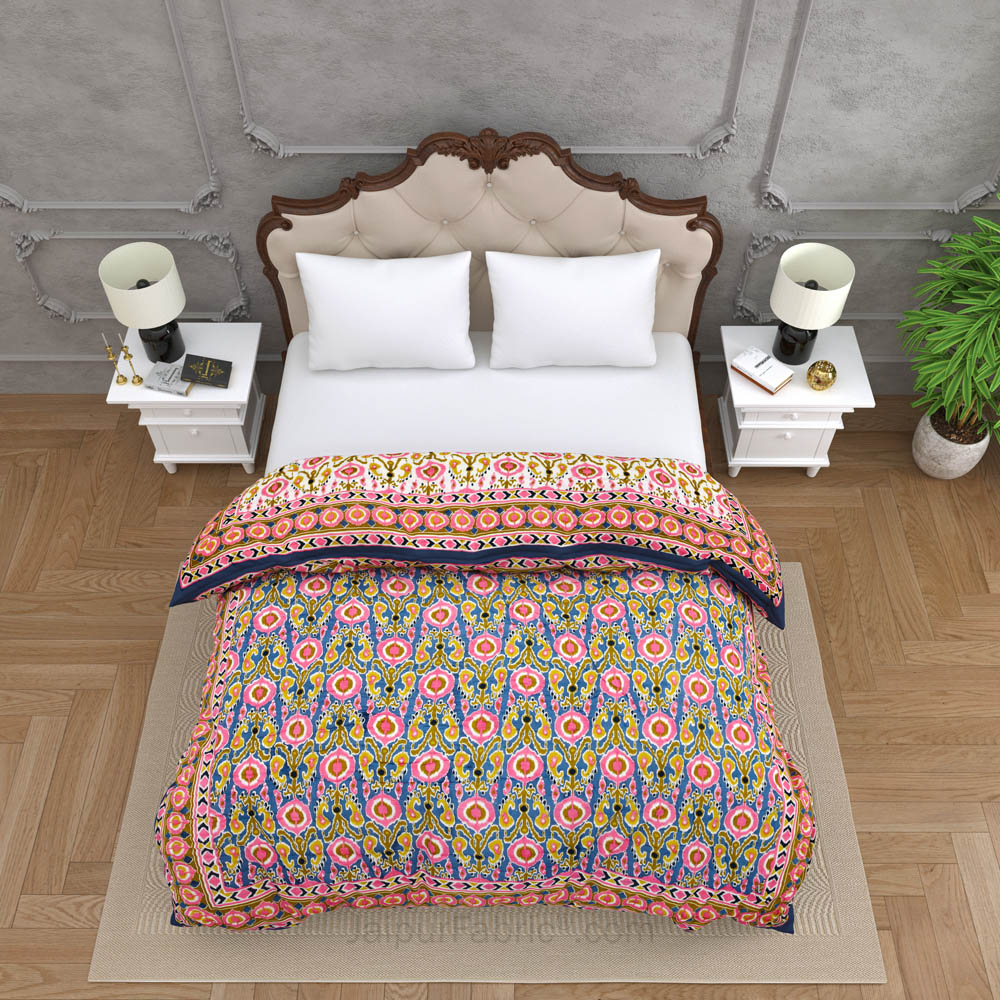 JaipurFabric® Lush Pink Blue Ikat Premium Cotton Double Bed Quilt