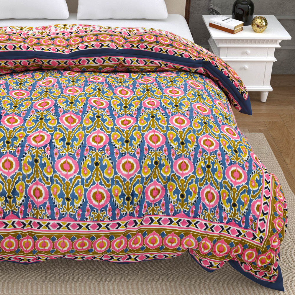 JaipurFabric® Lush Pink Blue Ikat Premium Cotton Double Bed Quilt