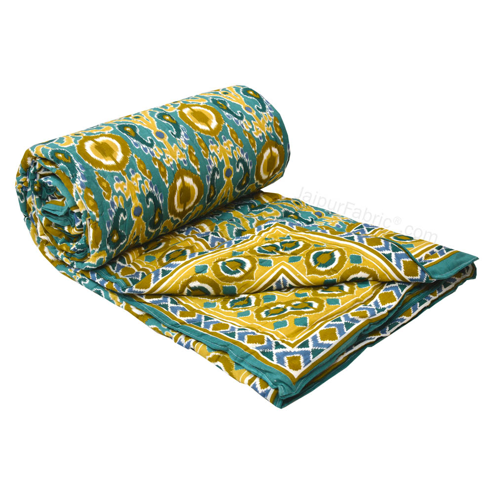 JaipurFabric® Lush Green Ikat Premium Cotton Double Bed Quilt