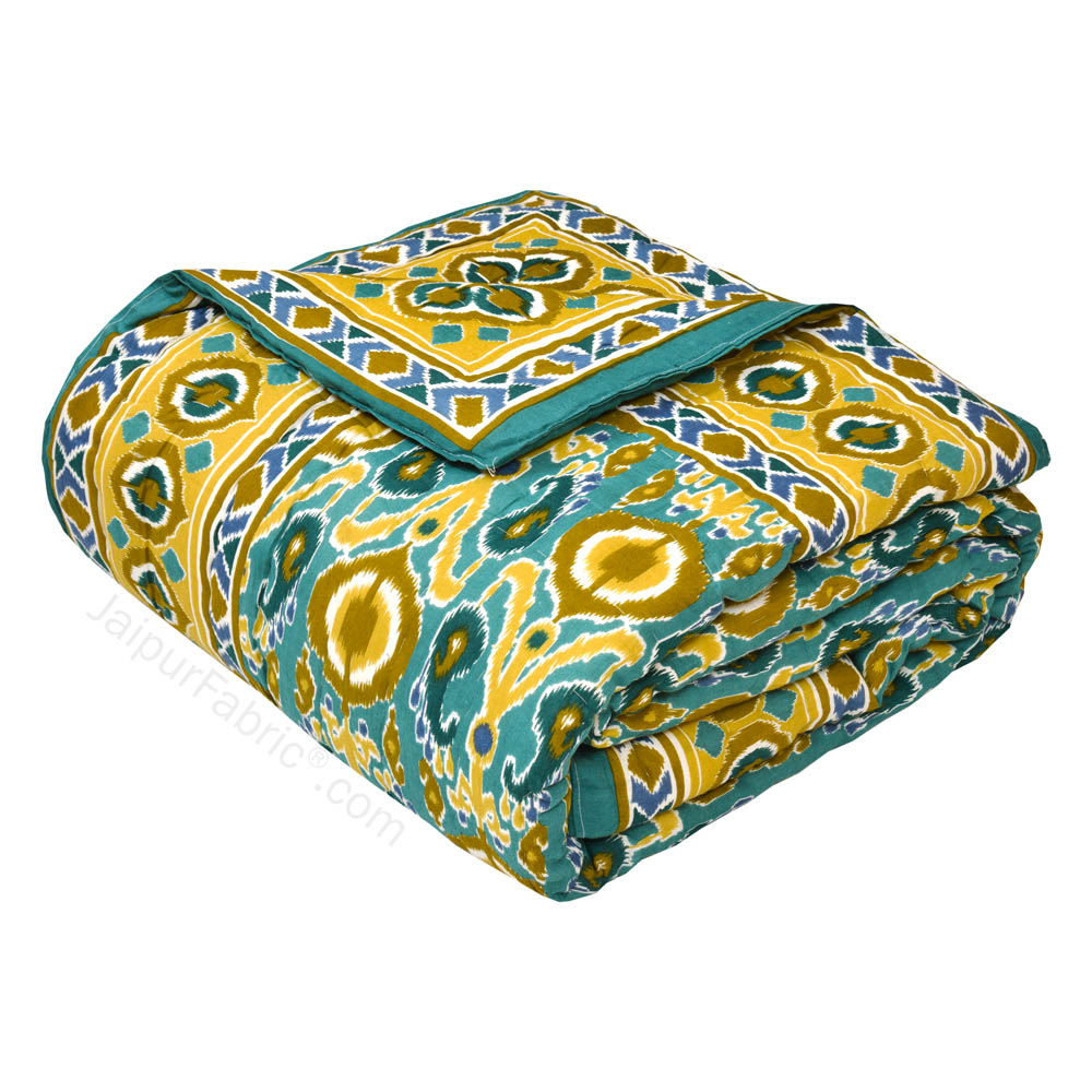 JaipurFabric® Lush Green Ikat Premium Cotton Double Bed Quilt