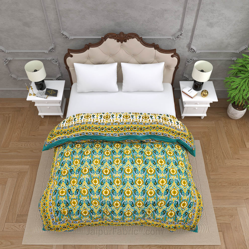 JaipurFabric® Lush Green Ikat Premium Cotton Double Bed Quilt