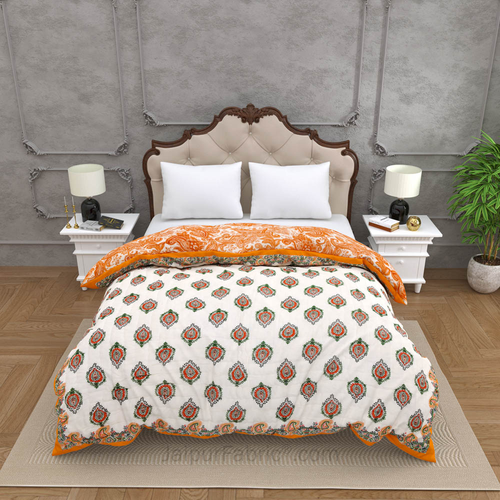 JaipurFabric® Booti Block Print Peachy Premium Cotton Double Bed Quilt