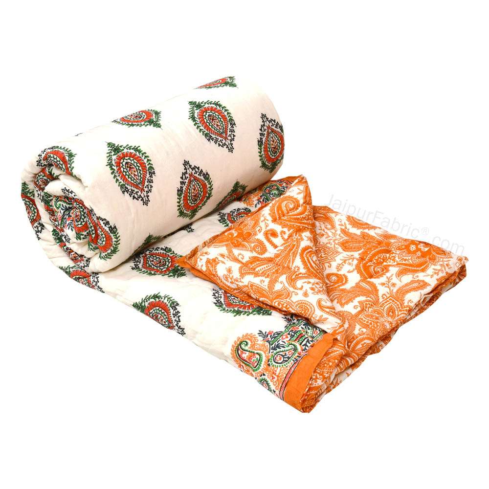 JaipurFabric® Booti Block Print Peachy Premium Cotton Double Bed Quilt