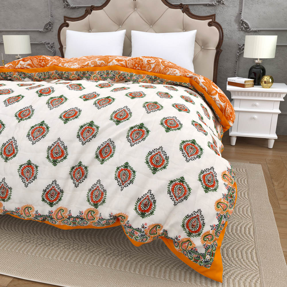 JaipurFabric® Booti Block Print Peachy Premium Cotton Double Bed Quilt