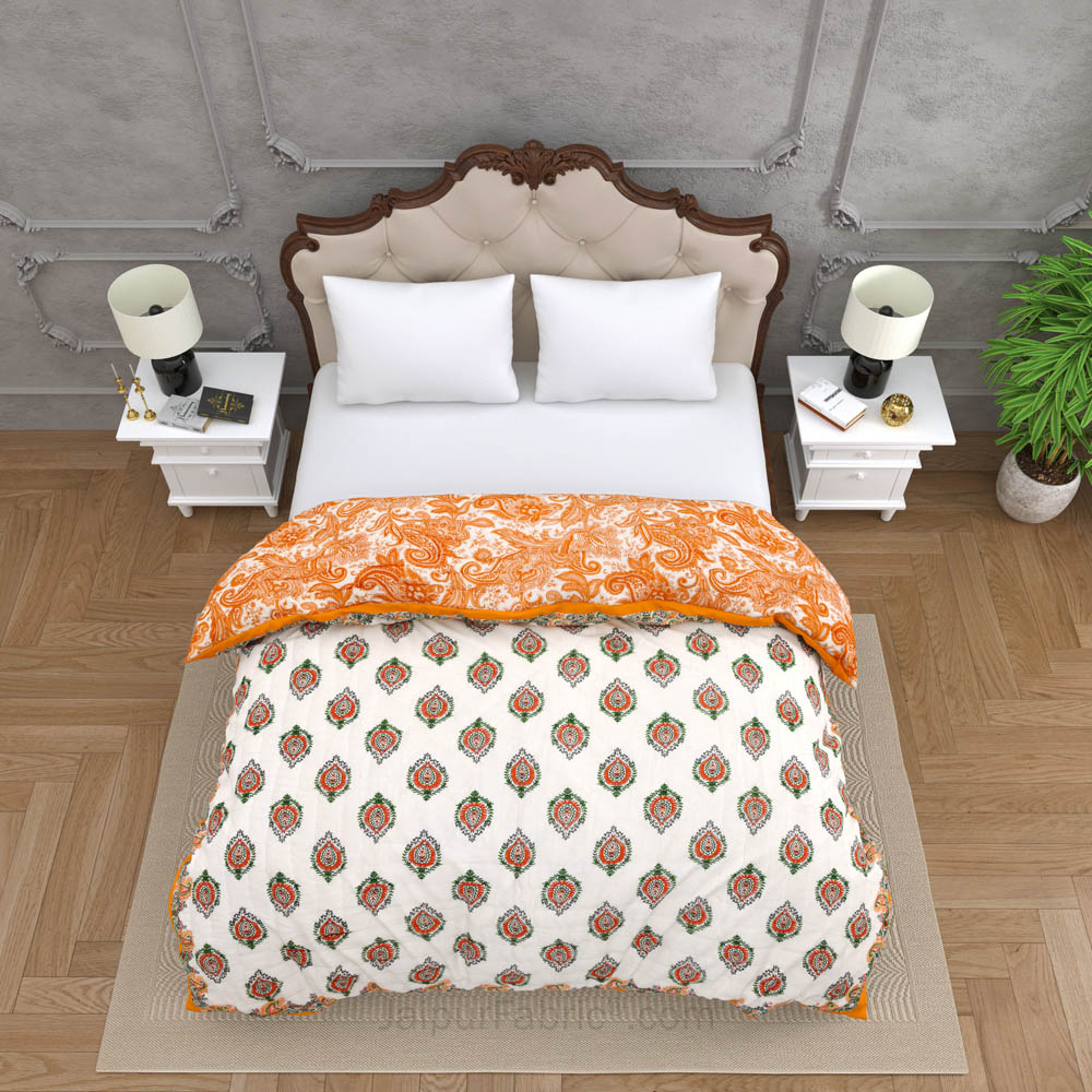 JaipurFabric® Booti Block Print Peachy Premium Cotton Double Bed Quilt