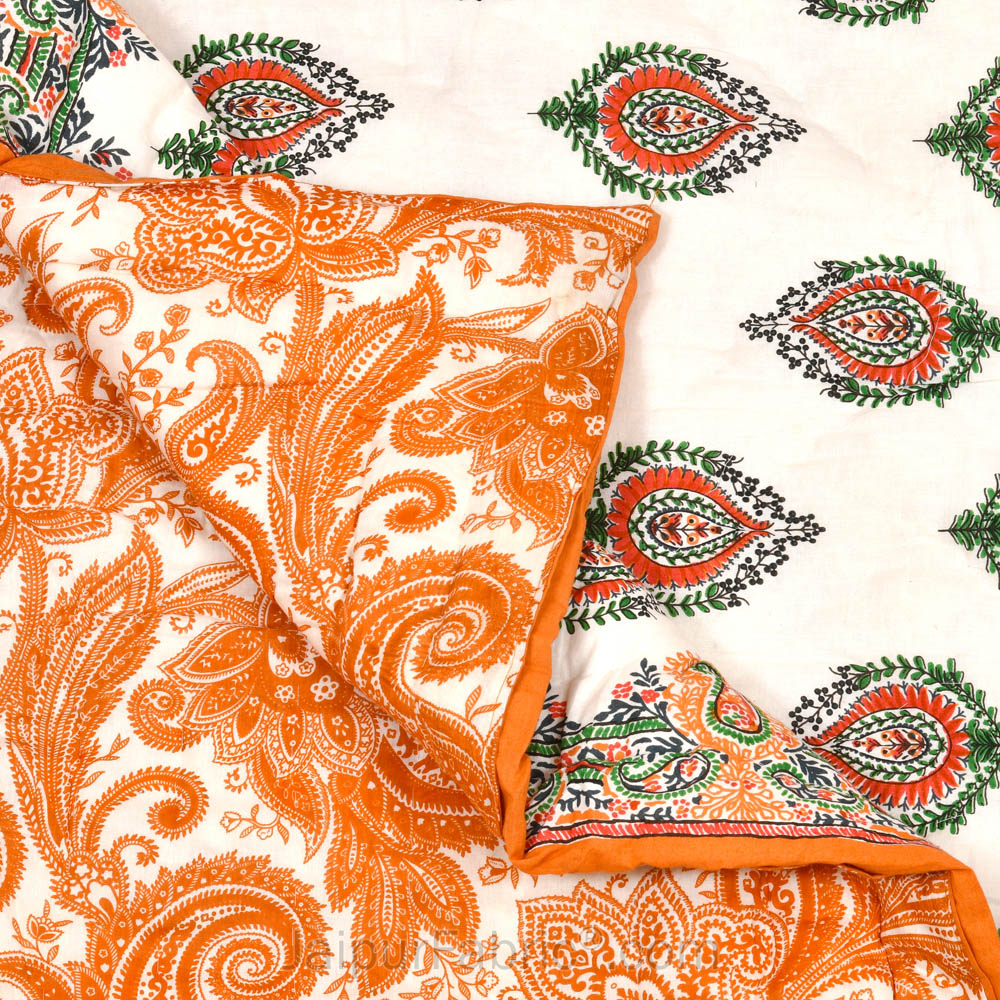 JaipurFabric® Booti Block Print Peachy Premium Cotton Double Bed Quilt