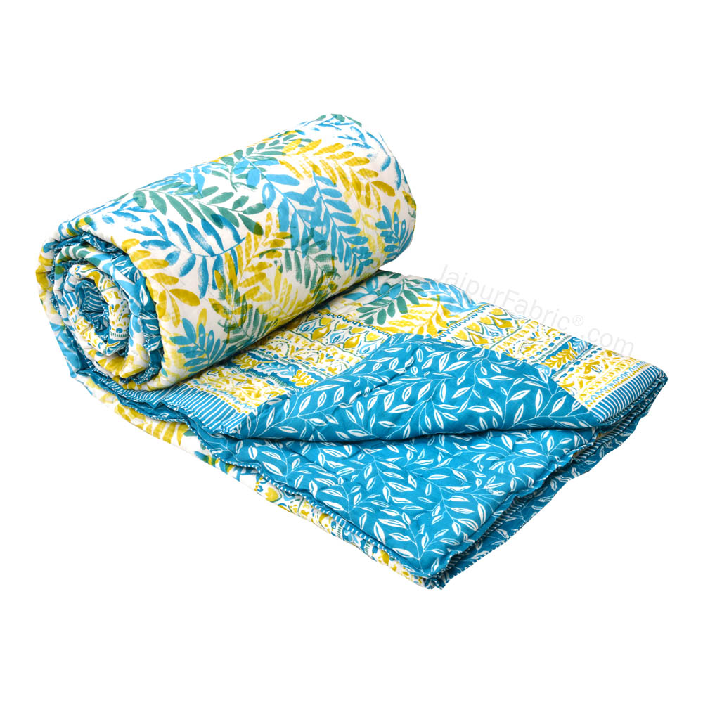 JaipurFabric® Timber Blue Yellow Premium Cotton Double Bed Quilt