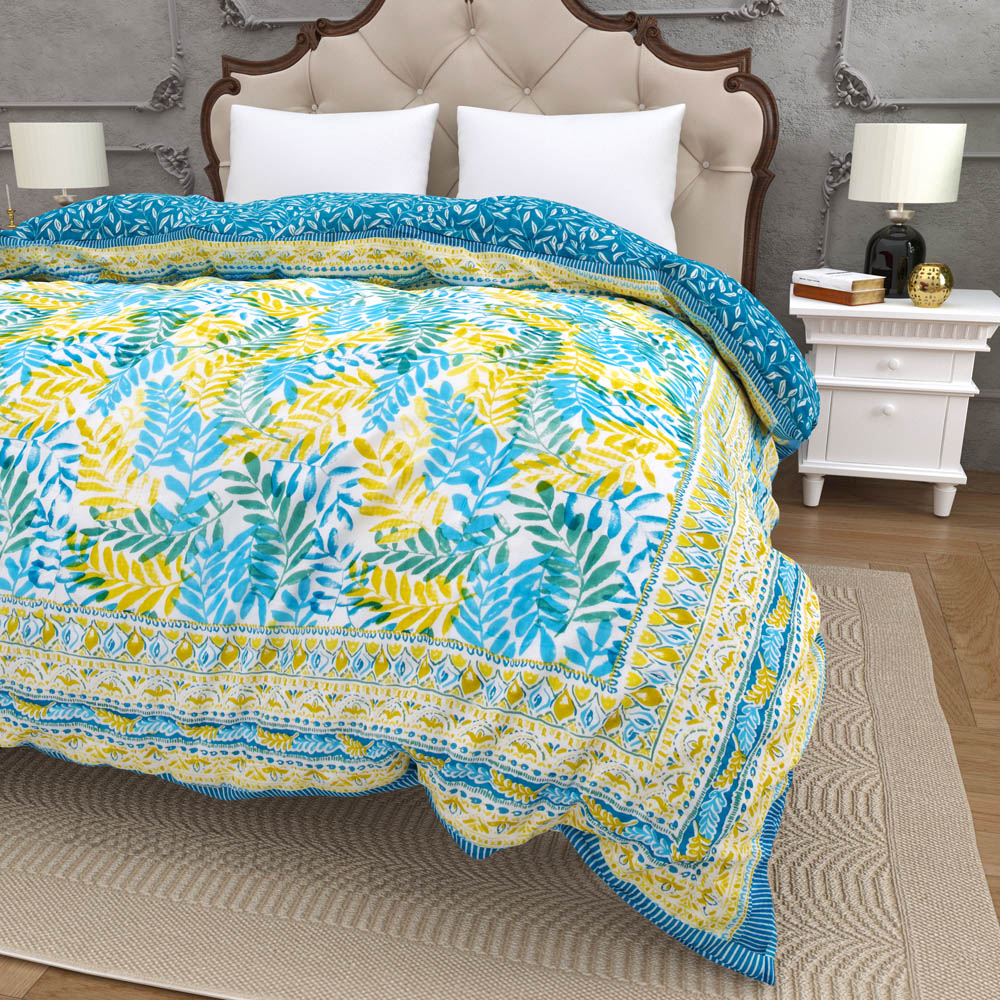 JaipurFabric® Timber Blue Yellow Premium Cotton Double Bed Quilt