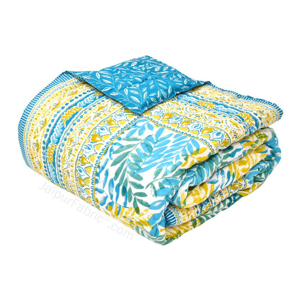 JaipurFabric® Timber Blue Yellow Premium Cotton Double Bed Quilt