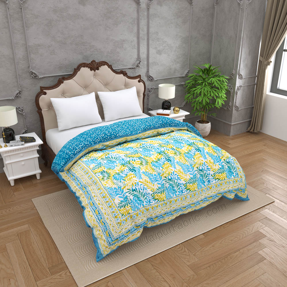 JaipurFabric® Timber Blue Yellow Premium Cotton Double Bed Quilt