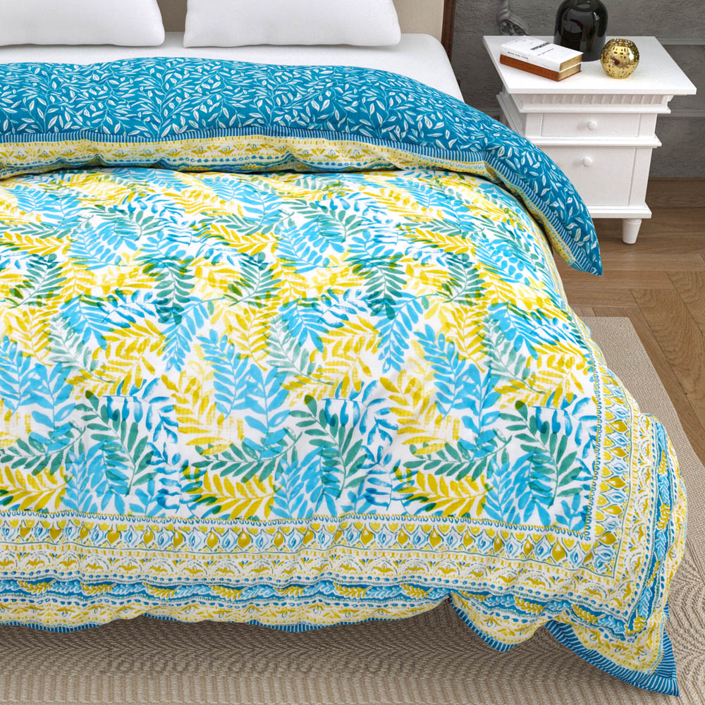 JaipurFabric® Timber Blue Yellow Premium Cotton Double Bed Quilt