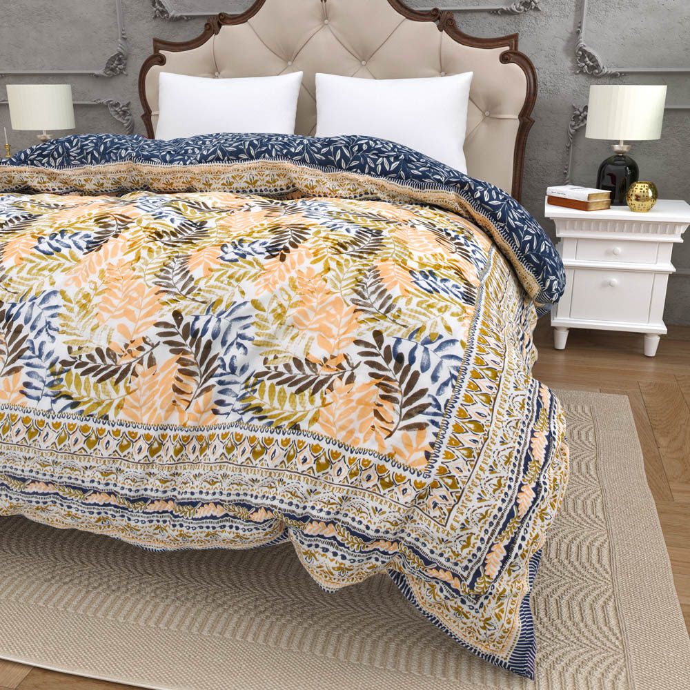 JaipurFabric® Timber Grey Mustard Premium Cotton Double Bed Quilt