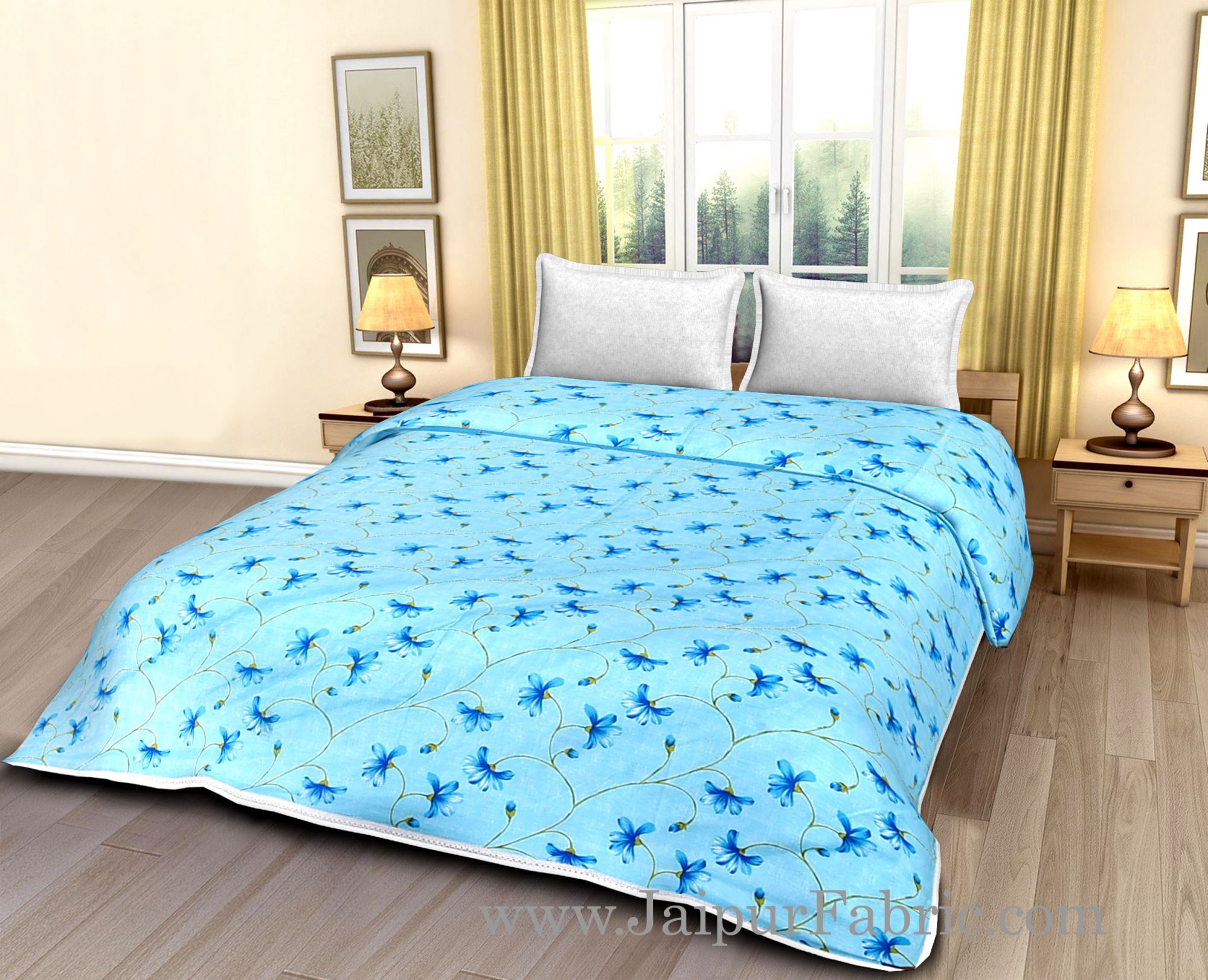 Turquoise Blue Floral Print Cotton Double Bed Size Dohar