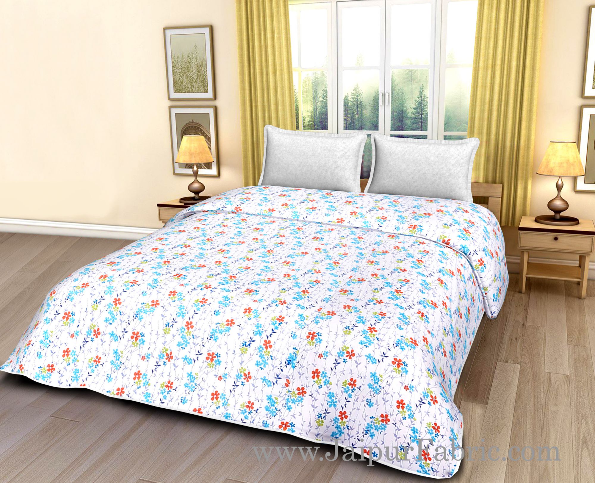 White Base Multi Colour Floral Print Cotton Double Bed Size Dohar