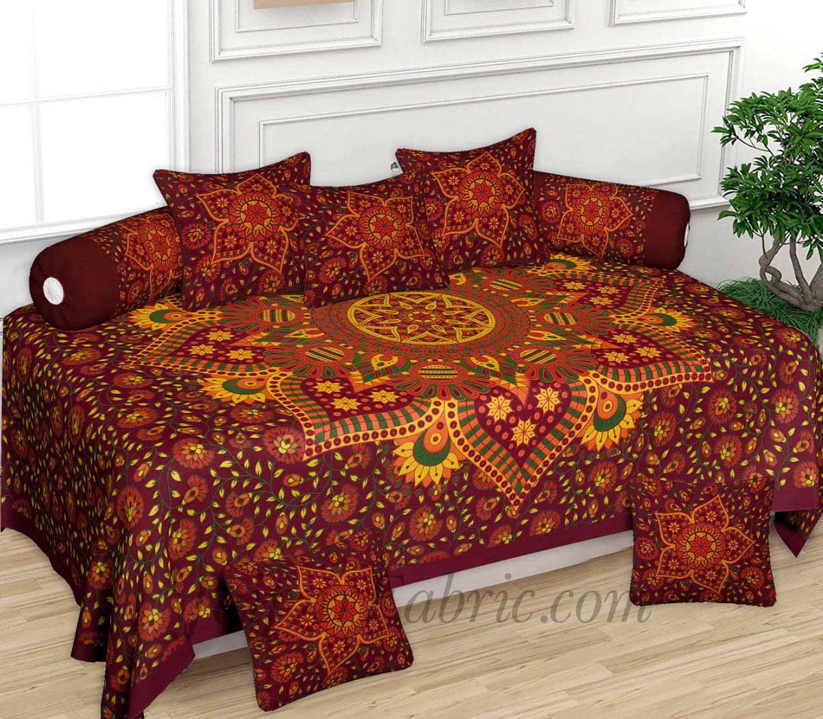 Maroon Rangoli Print Pure Cotton Bohemian Mandala Diwan Set