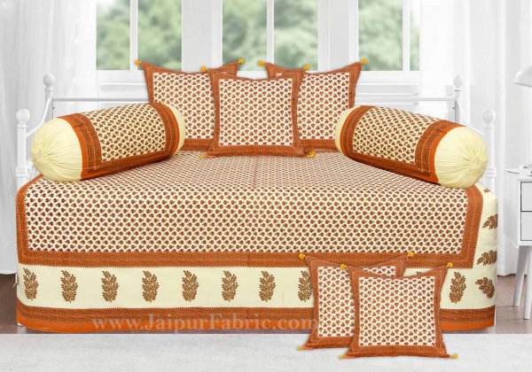 Orange Border Cream Base Small Tree Pattern With Golden Print  Diwan Set