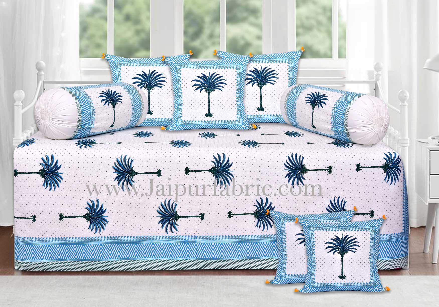 Sky blue palm polka mercerised cotton diwan set