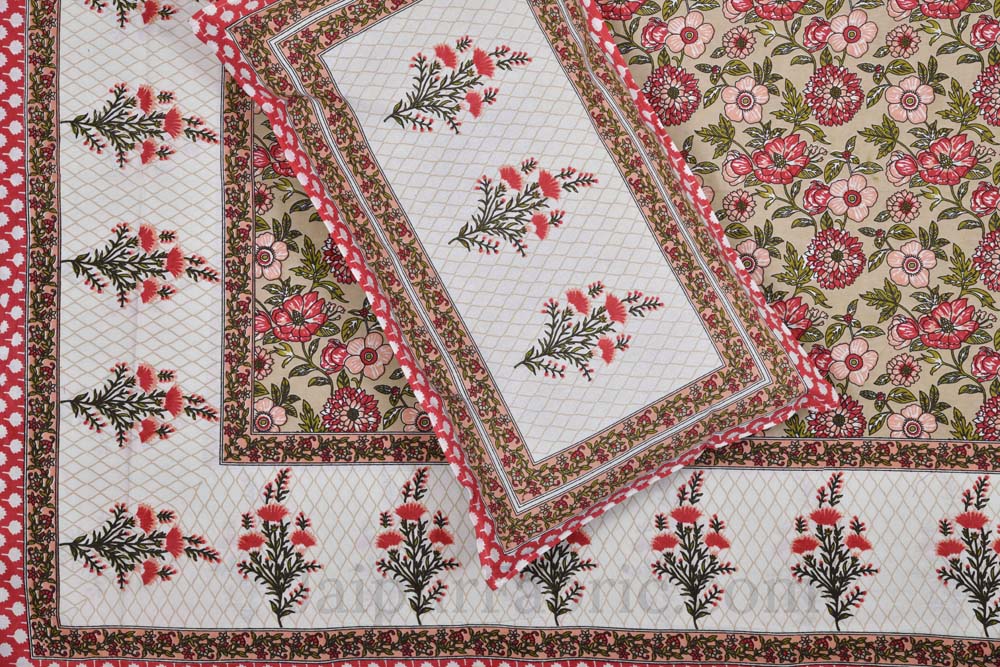 Floral Bouquette Red Boota Border Pure Cotton Double BedSheet