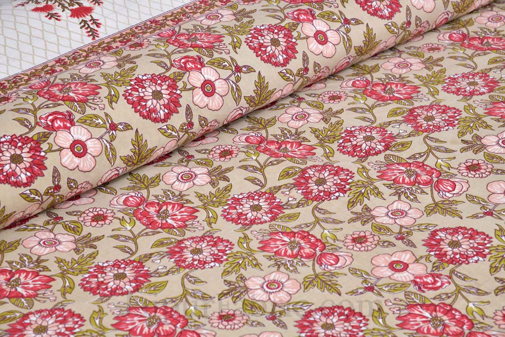 Floral Bouquette Red Boota Border Pure Cotton Double BedSheet