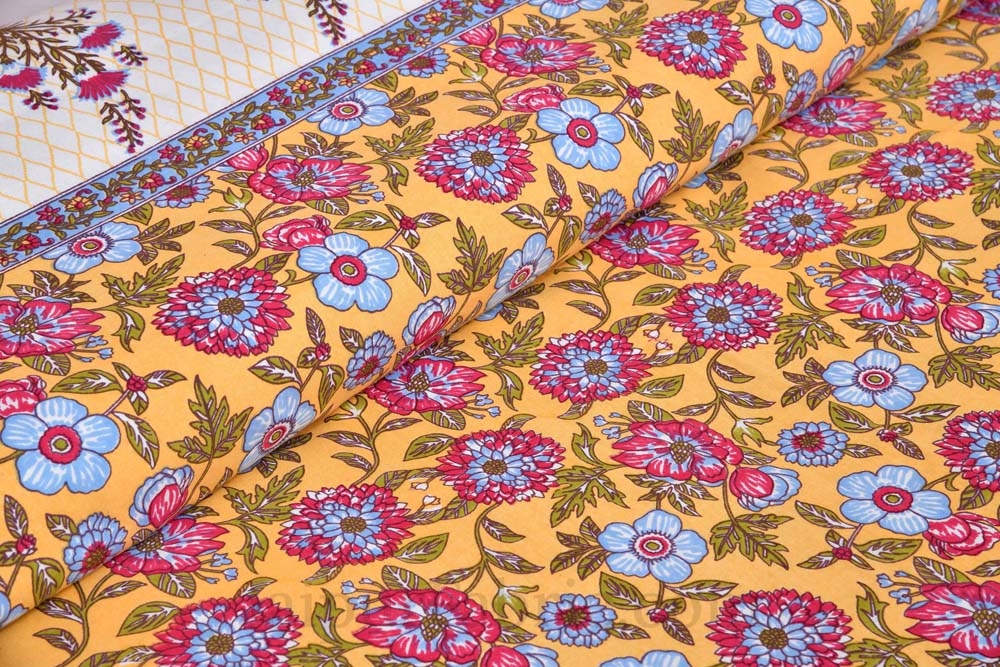 Floral Bouquette Yellow Boota Border Pure Cotton Double BedSheet