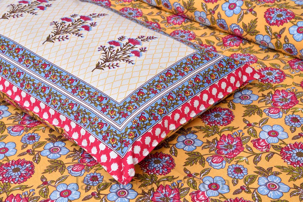 Floral Bouquette Yellow Boota Border Pure Cotton Double BedSheet