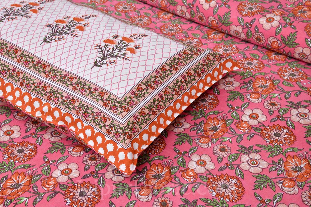 Floral Bouquette Pink Boota Border Pure Cotton Double BedSheet