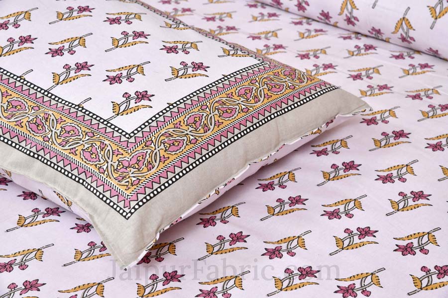 Pink Cotton Buds Beige Creeper Border Pure Cotton Double BedSheet