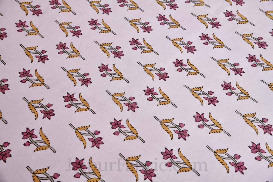 Pink Cotton Buds Beige Creeper Border Pure Cotton Double BedSheet