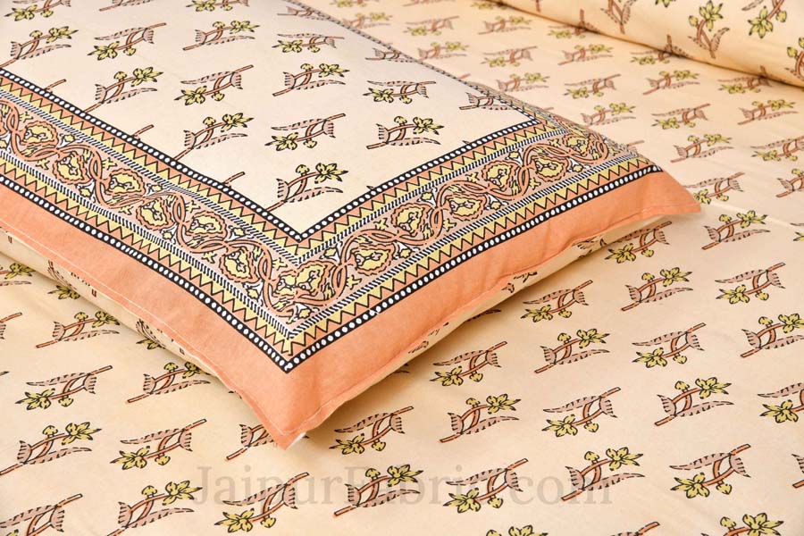 Yellow Cotton Buds Orange Creeper Border Pure Cotton Double BedSheet