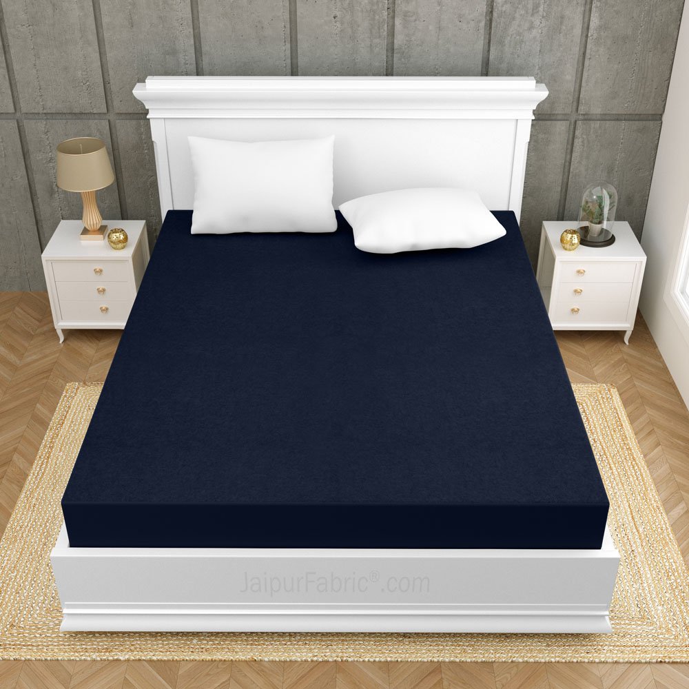 Heavy Quality Navy Blue Terry Cotton Waterproof and Elastic Fitted Through Out Double Mattress Protector