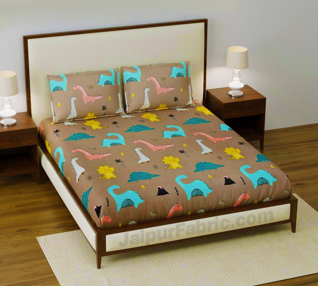 Dino Kids Fitted BedSheet Supersoft Double Bed Size with 2 Pillow Covers