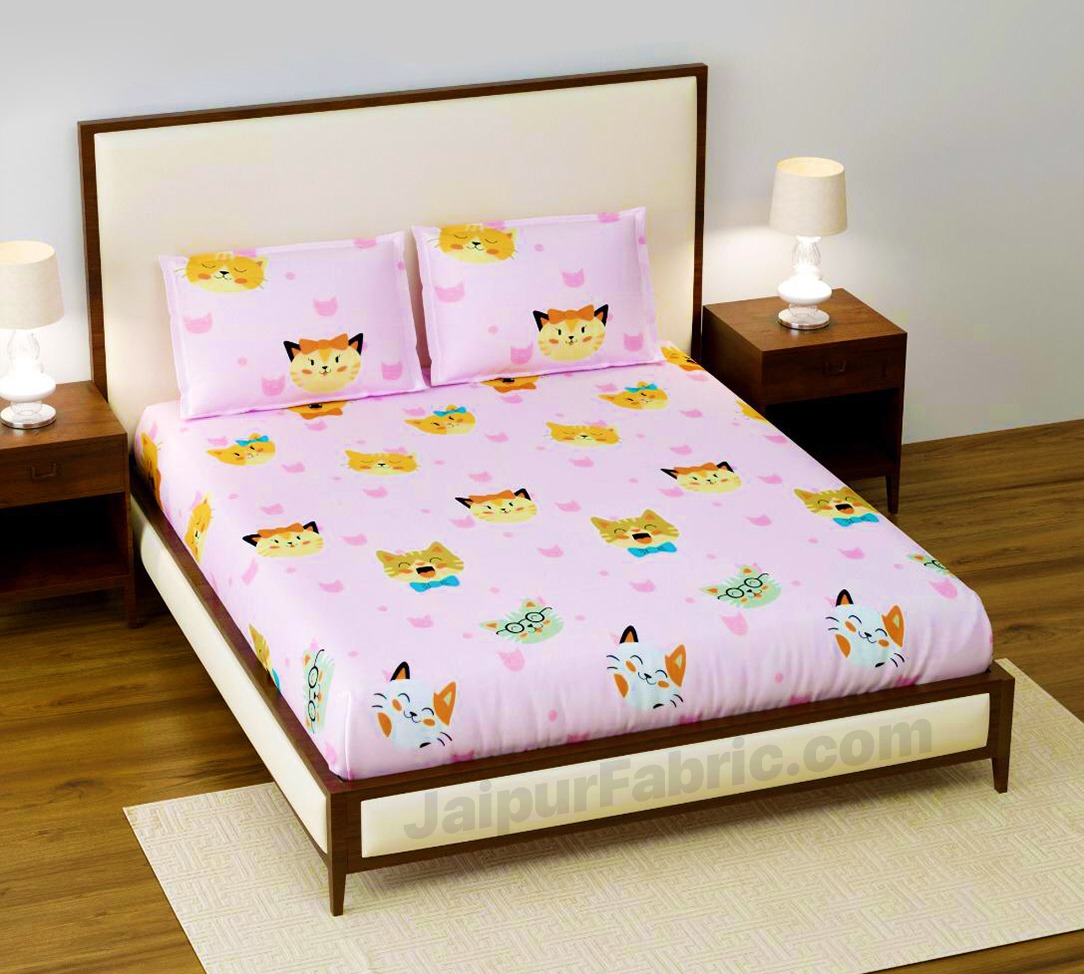 Pretty Cats Kids Fitted BedSheet Supersoft Double Bed Size with 2 Pillow Covers