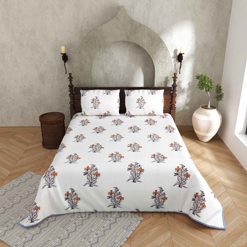 Icy Fresh Floral Print Pure Cotton Reversible Quilted Bedcover with Pillowcases