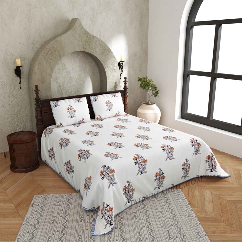 Icy Fresh Floral Print Pure Cotton Reversible Quilted Bedcover with Pillowcases