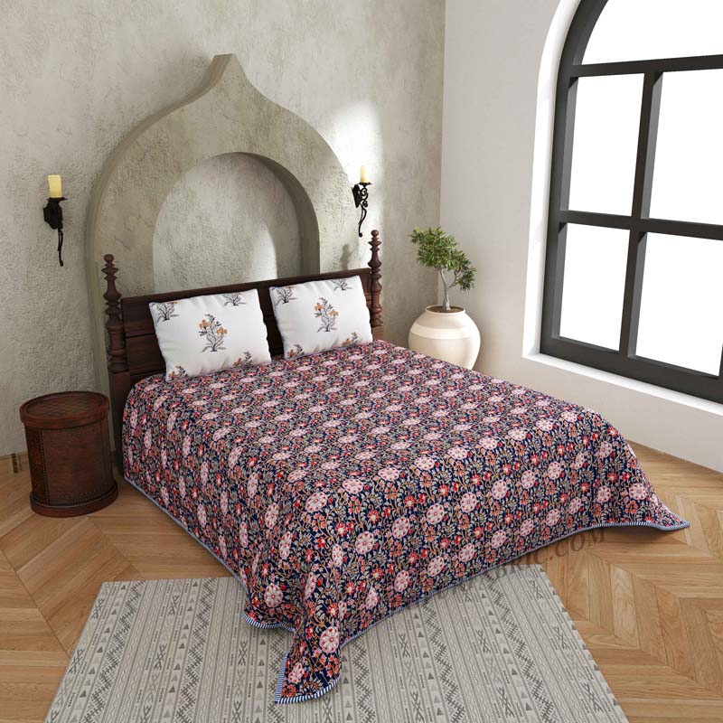 Icy Fresh Floral Print Pure Cotton Reversible Quilted Bedcover with Pillowcases