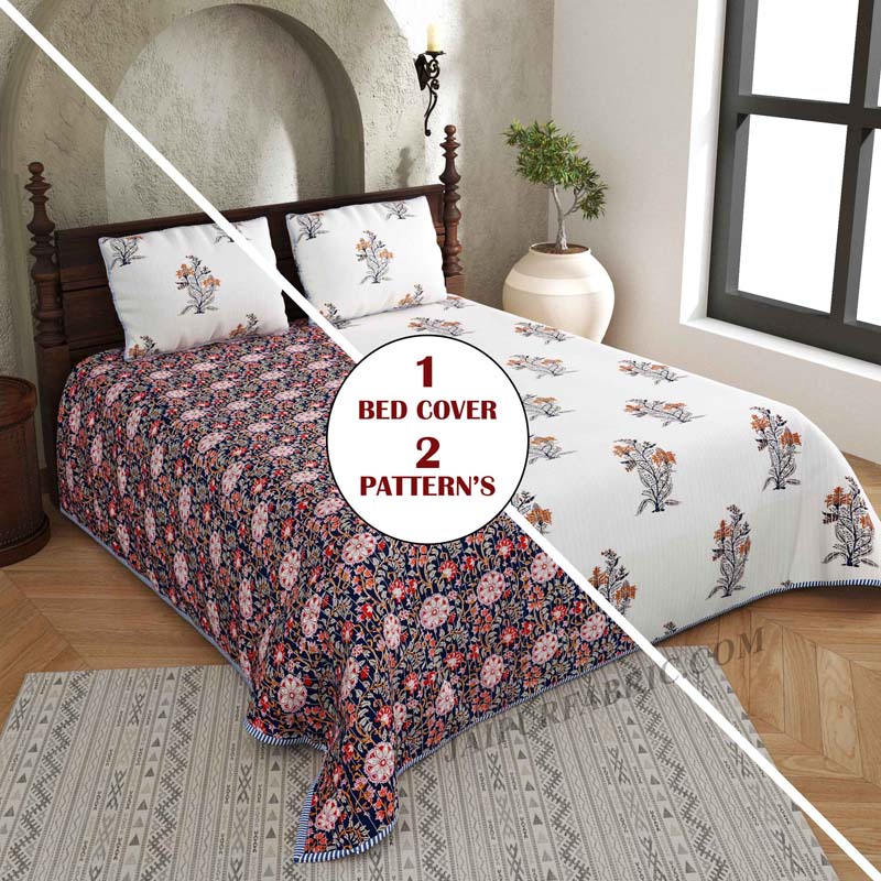 Icy Fresh Floral Print Pure Cotton Reversible Quilted Bedcover with Pillowcases