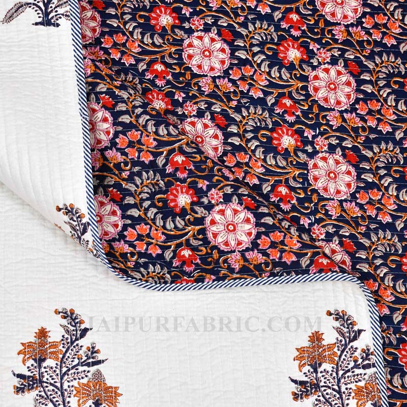 Icy Fresh Floral Print Pure Cotton Reversible Quilted Bedcover with Pillowcases